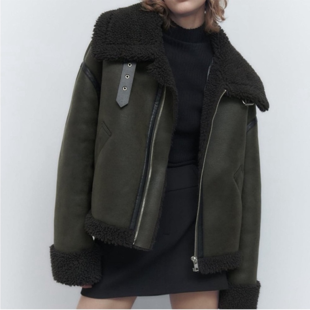 ZARA WOMAN FW22 AVIATOR-STYLE DOUBLE-FACED JACKET GREEN L